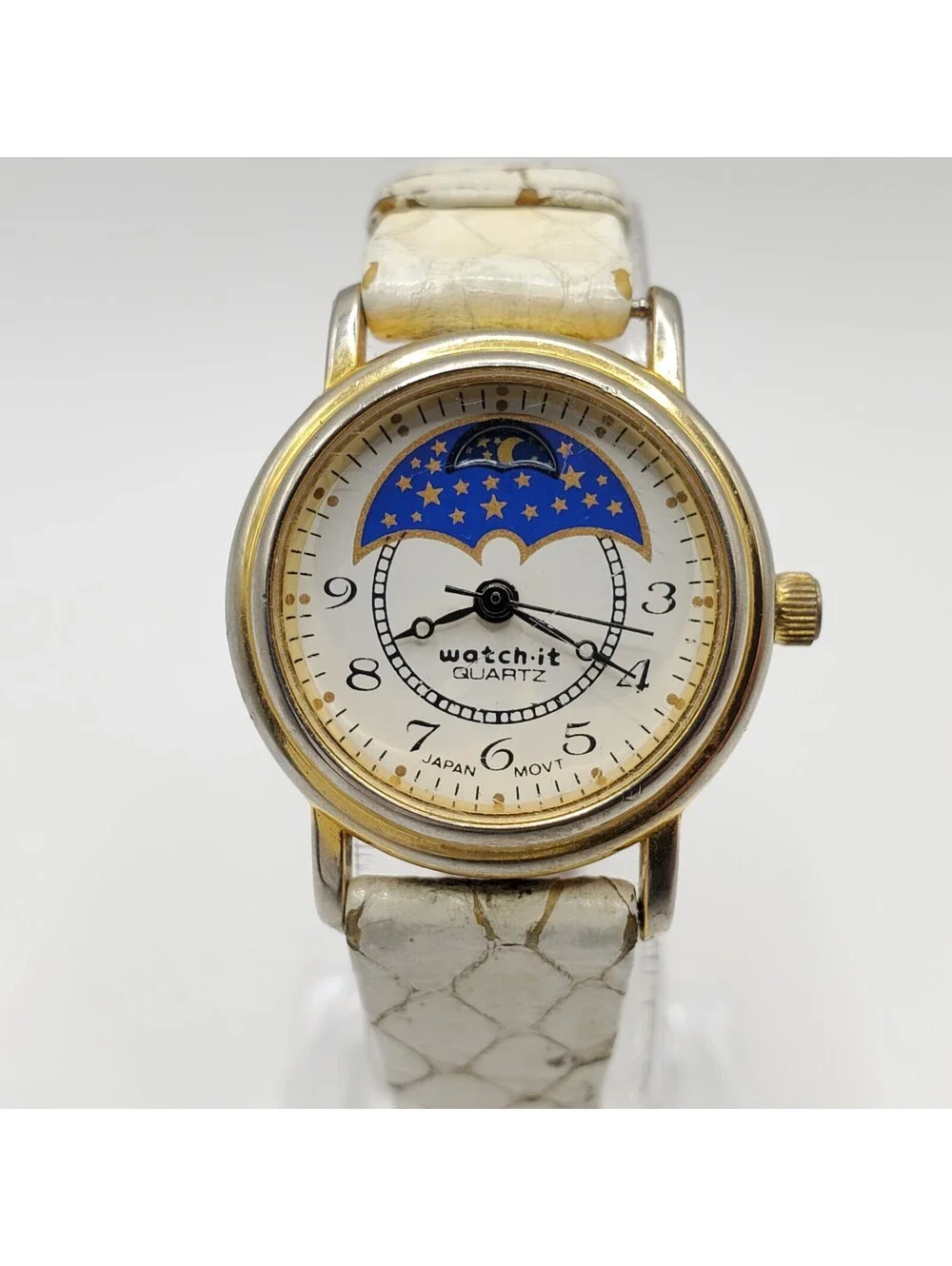 Vintage Watch-it Nelsonic Moon Phase Womens Watch Gold Tone 24mm New Battery